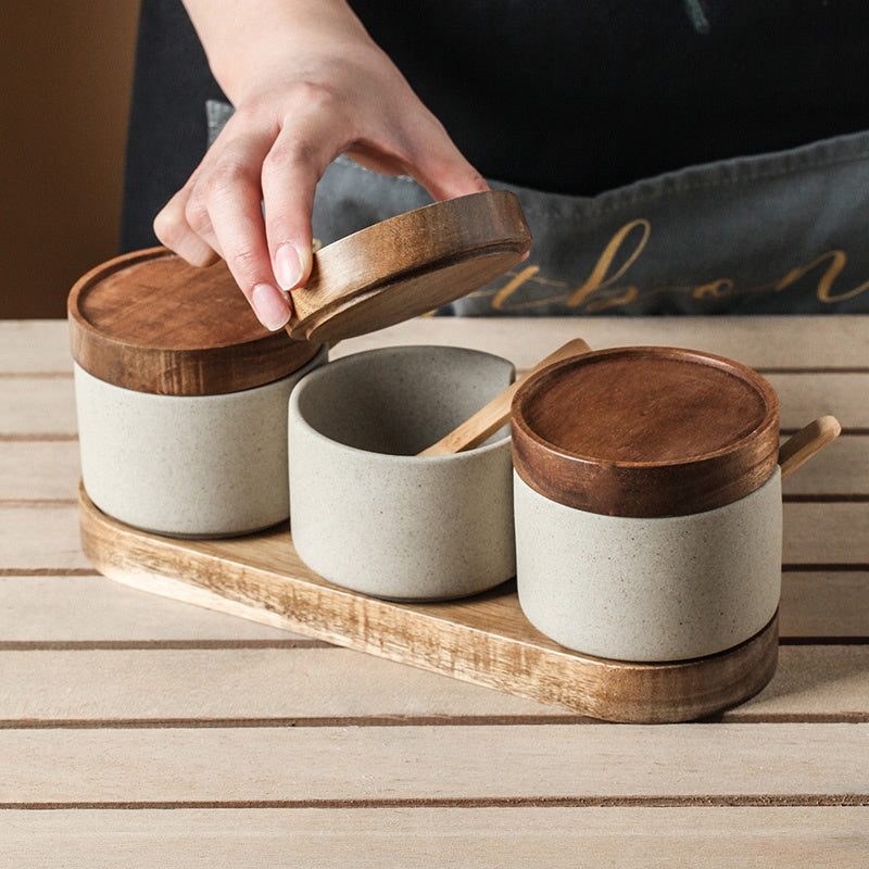 Japanese Kitchen Ceramic Seasoning Pot Condiment Box Set