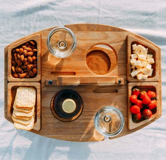 Picnic Table Wine Plate Portable Out Hanging Wine Glasses Fruit Plate Wooden Picnic Table - Homemade Tomato