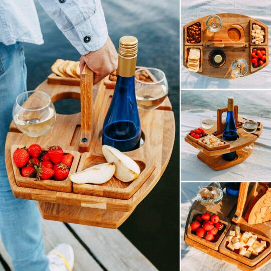 Picnic Table Wine Plate Portable Out Hanging Wine Glasses Fruit Plate Wooden Picnic Table - Homemade Tomato