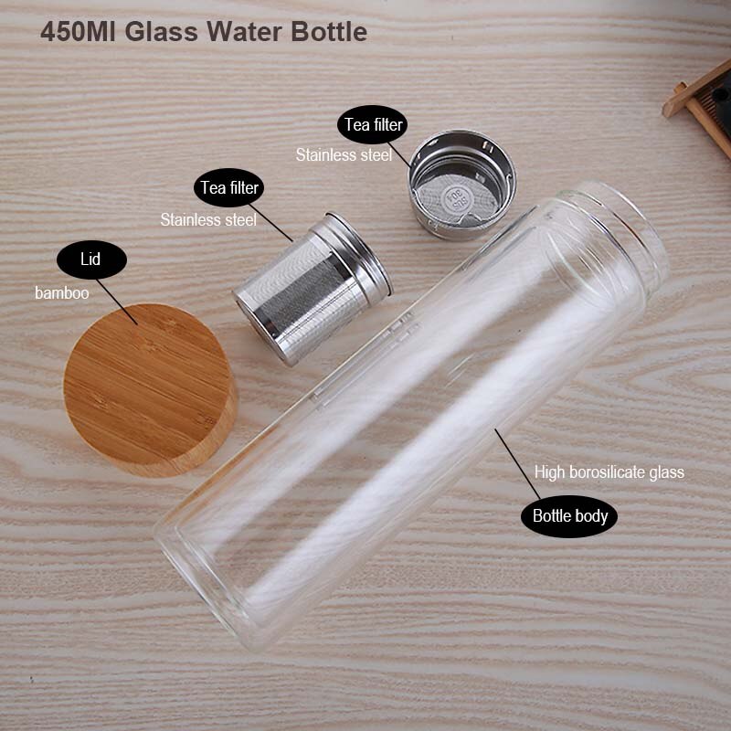 450Ml Glass Water Bottle Anti-scald Double Wall Tea Bottle With Infuser Filter Strainer Office Clear Drinking Bottle - Homemade Tomato